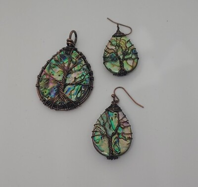 #ad Abalone Shell Bronze Wire Wrapped Teardrop Tree Of Life Earrings amp; Pendant $25.00