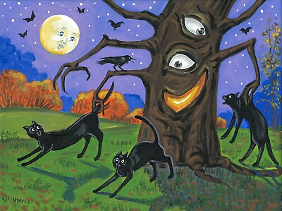 #ad 11x14 Print of painting RYTA Halloween black cat full moon Whimsical Folk Art 🎃 $14.99
