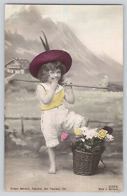 #ad Postcard RPPC Studio Photo Girl In Hat amp; Basket Of Roses Flowers Antique Colored $8.95