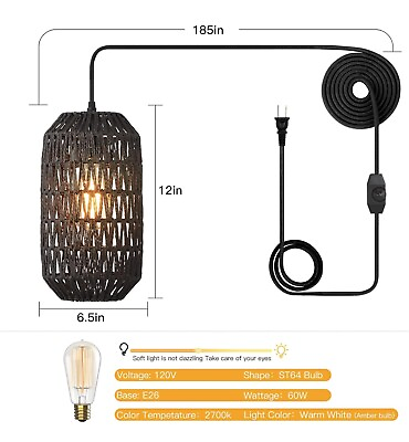 #ad Plug in Pendant Light Rattan Hanging Lights with Plug in Cord 15Ft Dimmable Cor $34.99