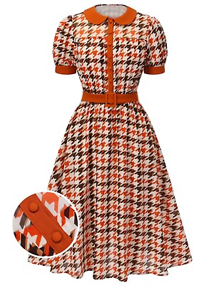 #ad NWT Retro Swing Pleated Vintage Dress Orange Houndstooth SZ M 4 6 $29.00
