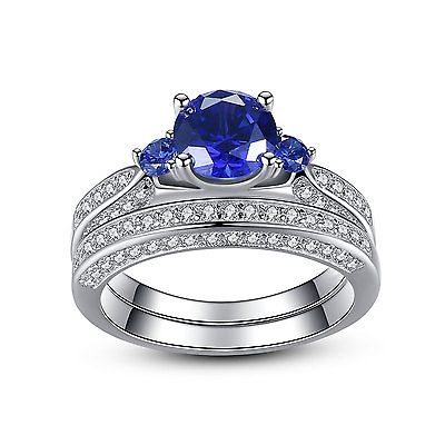 #ad Women#x27;s Three Stone Blue Sapphire Ring Sterling Silver Wedding Rings Set $29.98