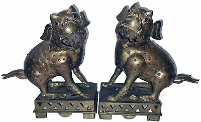 #ad PAIR OF 18C YONGZHENG BRONZE FOO DOG LIONS WITH RED GLASS POLKA DOTS 7 5 8” HIGH $2250.00