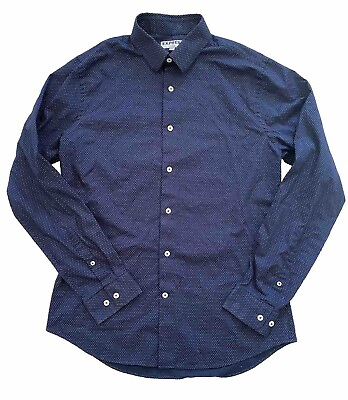 #ad Express Men#x27;s Fitted Dress Shirt Button Blue White Dot Pattern Size M $19.99