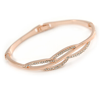 #ad Delicate Clear Crystal Curved Bangle Bracelet In Rose Gold Tone Metal 18cm L GBP 21.00