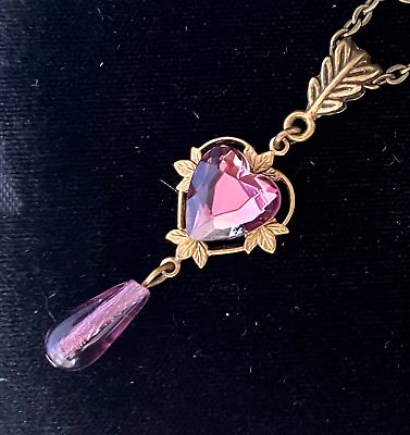 #ad Vintage Necklace Art Nouveau Pendant Antique Amethyst Czech Rhinestone Heart $27.00