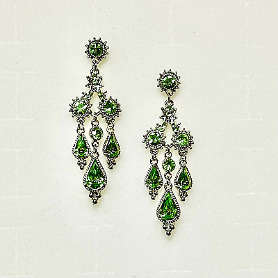 #ad Rhinestone Statement Earrings Green Gem Chandelier Elegant Formal Silver Tone $9.99