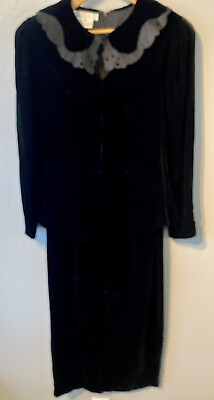 #ad Vintage 80s Black Velvet Long Sleeve Dress Size 10 Valentine Rousseau Silk Rayon $29.99