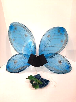 #ad Vintage Costume Fairy Butterfly Wings w Sparkle Hair Comb BLUE $13.90