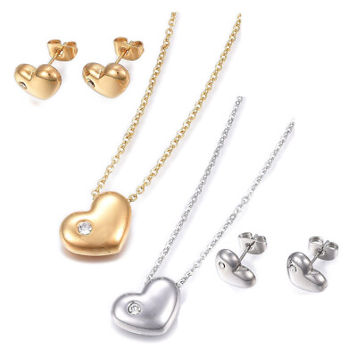 #ad Stainless Steel Set Stud Earrings Pendant Necklaces Heart Gold Silver 17.7quot; P681 $8.99