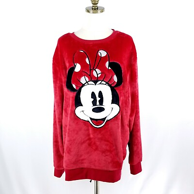 #ad Disney Minnie Mouse Top Womens Size L Red Lone Sleeve Crew Neck Super Soft $9.50