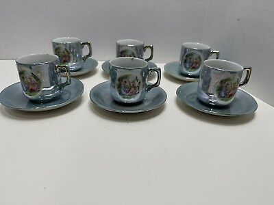 #ad Vintage Lusterware Green Victorian Demitasse Expresso Cup and Saucer Set Of 6 Ea $49.99