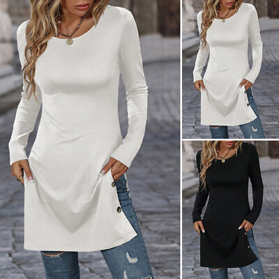 #ad Fashion Women Long Sleeve Knitted Pullover Tops Solid Long Shirt Slit Hem Blouse $21.70