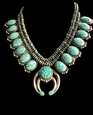 #ad Authentic Navajo Esther Wood Sterling Silver Turquoise Squash Blossom Necklace $12900.00