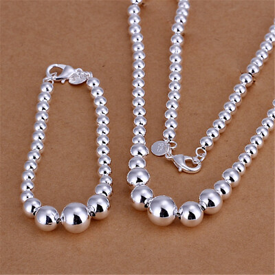 #ad 925 silver women Charms beads chain Pretty wedding Earring necklace jewelry set $4.50