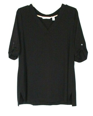 #ad Isaac Mizrahi V Neck Shirt Black Sz Large Rolled Short Sleeve A399917 Women XA29 $19.79