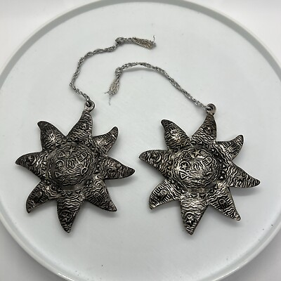 #ad 2 Pewter 8 Point Star Ornaments Heavy Embossed Symbols 4” Tall 3.3 oz Each $25.00