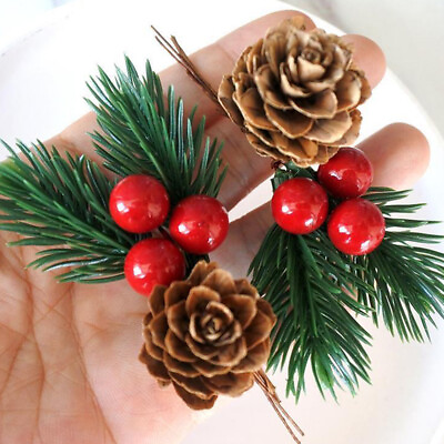 #ad 10pcs Red Christmas Berry Artificial Flower Pine Cone Branch Party Xmas Supplies $7.59