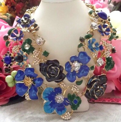 #ad BETSEY JOHNSON COLORFUL BLUES CRYSTAL amp; ENAMEL INLAY FLORAL GARDEN NECKLACE $119.99
