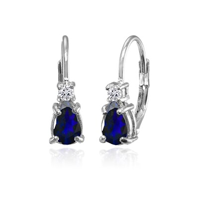 #ad Silver Created Blue Sapphire and White Topaz Teardrop Huggie Leverback Earrings $16.99