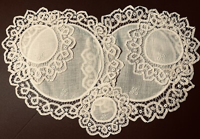 #ad Rare Five 1890s Antique Monogrammed HM Intricate Early Battenberg Lace Doilies $27.00