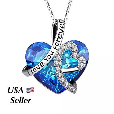 #ad quot;I Love You Foreverquot; Silver Heart Crystal Pendant Necklace Christmas Gift N8 $9.95