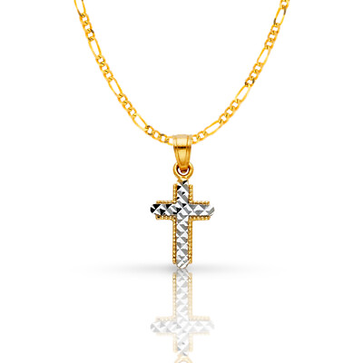 #ad 14K Two Tone Gold Cross Pendant with 2mm Figaro 31 Chain Necklace $350.00