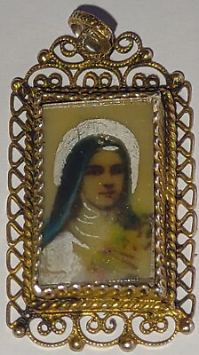 #ad Vintage Antique St. Therese Of Lisieux Gilted 800 Silver Portrait Pendant $49.99