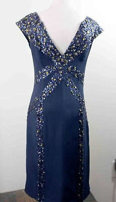 #ad Basix Black Label Deep V Sequins Rhinestones Jewels Sleeveless Evening Dress Sz6 $42.00