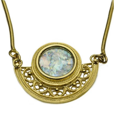 #ad Roman Glass Filigree Necklace in 14k Yellow Gold Half Moon Round 22.4mm $1546.54