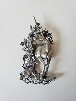 #ad Lovely Large 4” Silver Pewter Unicorn Next To Purple Tree Brooch by JJ 1980#x27;s $16.96