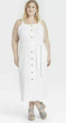 #ad NEW White Plus 2X 20 22 Stretchy Sleeveless Belted Sun Dress Pockets AVA amp; VIV $15.00