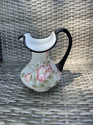 #ad Fenton Rib Optic Opalescent White amp; Black Crest Pitcher Rose Hand Painted amp; Sign $99.99