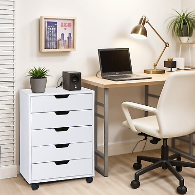 #ad 5 Drawers Home Office Cabinet Storage MDF Dresser Storage Organizer White $62.58