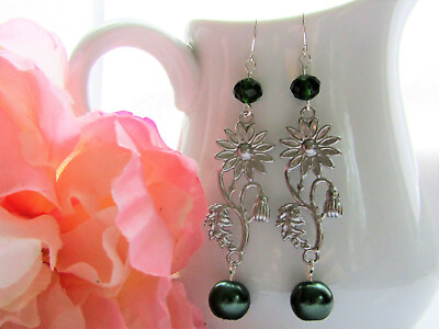 #ad Green Pearl Flower Leaf Branch Crystal Silver Dangle Earrings $13.49