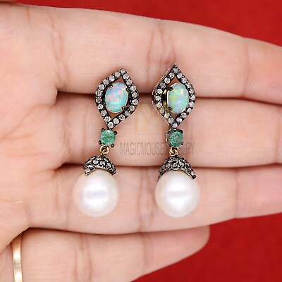 #ad Natural Pave Diamond Sterling Silver Pearl Dangle Earrings Silver Earrings $253.57