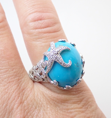 #ad EA Designer Turquoise Cabochon Diamond Starfish Sterling Silver Ring Sz 10 $64.95