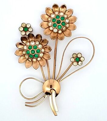 #ad Vintage Corocraft Gold Vermeil Sterling Brooch Pin Flowers Green amp; White Stones $88.00
