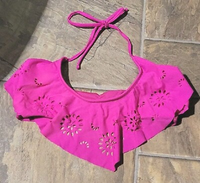 #ad Vtg OP M 7 9 Swim Bikini Top Hot Pink Ruffle Eyelet Bandeau Unpadded Swimsuit $14.40