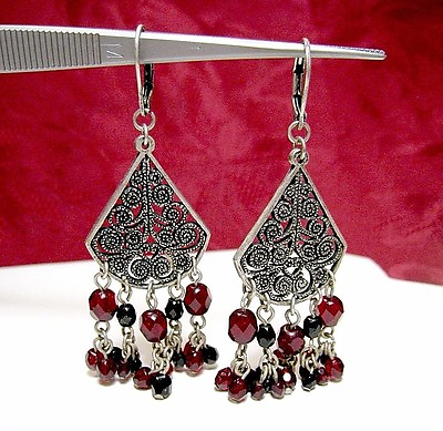 #ad SILVERPLATED CHANDELIER COSTUME RED RUBY BLACK BEADS FILIGREE EARRINGS $49.99