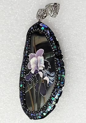 #ad Polished Agate Pendant with Mother of Pearl Abalone amp;Hand Painted Purple Iris $79.00