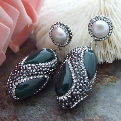 #ad AB070713 White Pearl Agate Earrings CZ stud $15.50