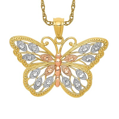 #ad 14K Yellow Gold White Rose Butterfly Necklace Charm Pendant $232.00