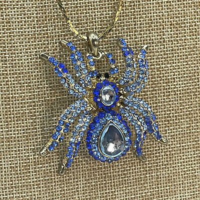 #ad Spider Tarantula Large Pendant Necklace Light and Cobalt Blue Crystals 20” Chain $11.90