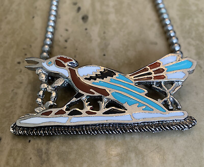 #ad Vintage Zuni Style Enamel Roadrunner Necklace Southwest Native American $44.99