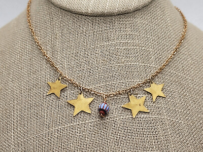 #ad Gold Tone Star Red Blue Striped Glass Bead Vintage Necklace 16.75quot; Choker $14.89