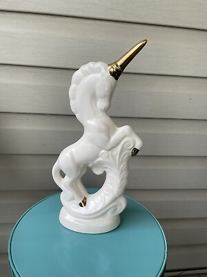 #ad Vintage White Standing Unicorn Gold Horn Tall Ceramic Statue 13” Signed $20.00