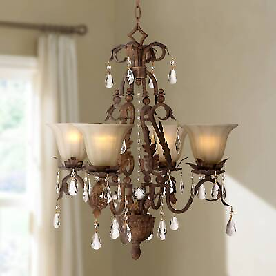 #ad Bronze Chandelier 23 1 2quot; 4 Light Curved Scroll Leaf Crystal Glass Dining Room $279.98