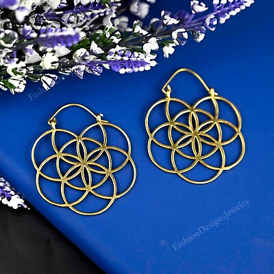 #ad Seed of Life Earrings 14K Gold Hoop Wires Flower Sacred Geometry Spiritual $20.40