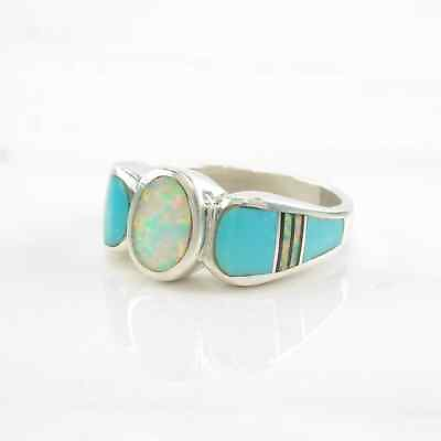 #ad Ring Silver Turquoise Opal Onyx Inlay Sterling Size 6 3 4 $124.95